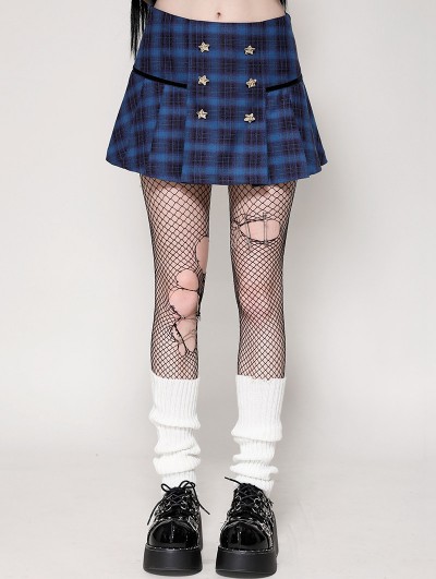 Dark in love Indigo Gothic Gold Star Double-Breasted Plaid Mini Skirt