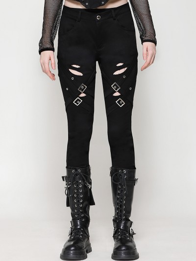 Dark in love Black Gothic Punk Versatile Distressed Long Pants for Women