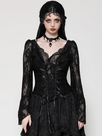 Dark in love Black Gothic Dark Lace Sexy Deep V-Neck Shirt for Women