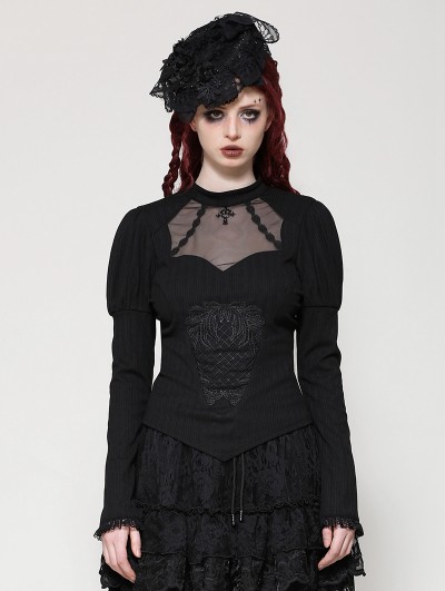 Dark in love Black Gothic Embroidered Illusion Neck Puff Sleeve Top for Women