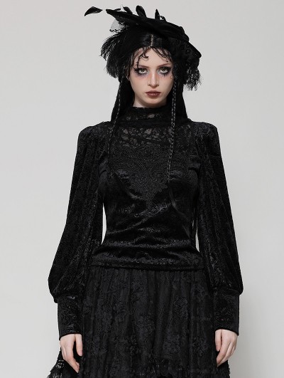 Dark in love Black Gothic Noble Jacquard Velvet Lantern Sleeve Top for Women