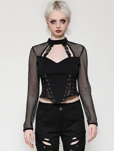 Dark in love Black Punk Dark Gothic Hollow Out Studded Top for Women