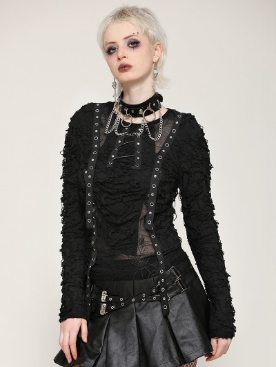 Dark in love Black Gothic Punk Metal Distressed Spider Web Mesh Top for Women