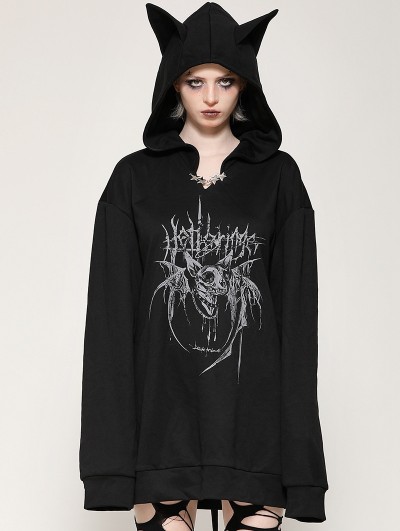 Dark in love Black Gothic Printed Loose Bat Ear Tail Pullover Hoodie for Women