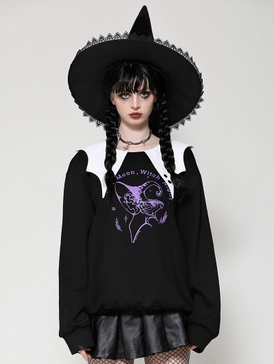 Dark in love Black and White Gothic Bat-Neck Printed Loose Sweatshirt for Women