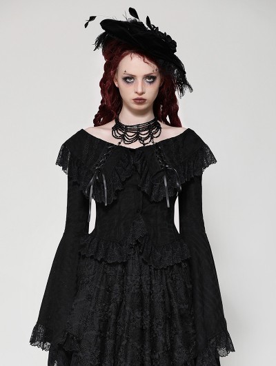 Dark in love Black Gothic Oversized Ruffled Collar Tie Lace Trim Shirt for Women