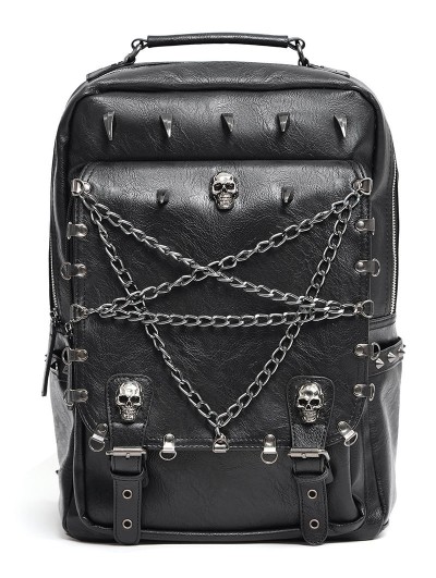 Devil Fashion Black Gothic Punk Skull Studded Pentagram Chain Backpack