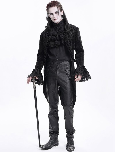 Devil Fashion Black Victorian Gothic Velvet Open Front Embroidered Tailcoat for Men