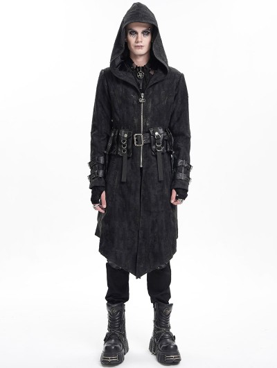 Devil Fashion Black Gothic Punk Buckle Strap Zip-Up Hooded Jacket for Men