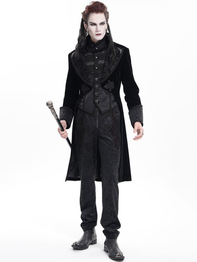 Devil Fashion Black Retro Gothic Embroidery Velvet Tailcoat for Men