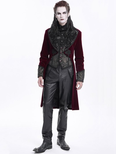 Devil Fashion Wine Red Retro Gothic Embroidery Velvet Tailcoat for Men