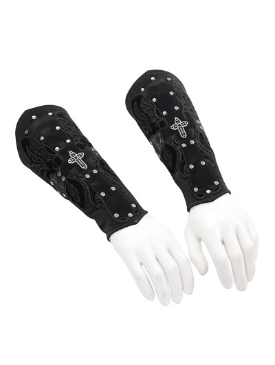 Devil Fashion Black Gothic Punk Cross Studded Lace Up Gloves for Men