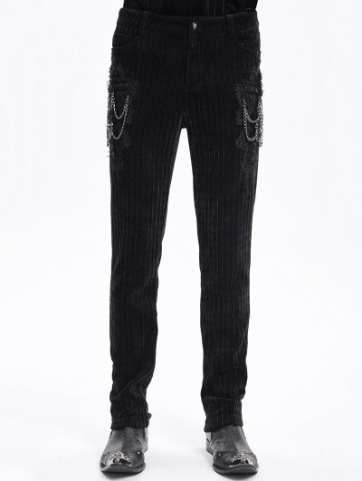 Devil Fashion Black Gothic Vintage Embroidery Lace Appliqued Slim Fit Pants for Men