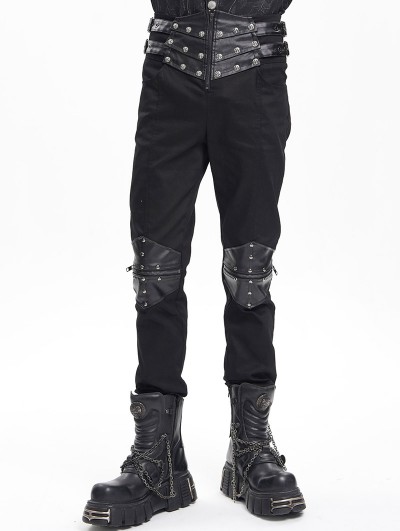 Devil Fashion Black Gothic Punk Studded Faux Leather Spliced Trousers for Men