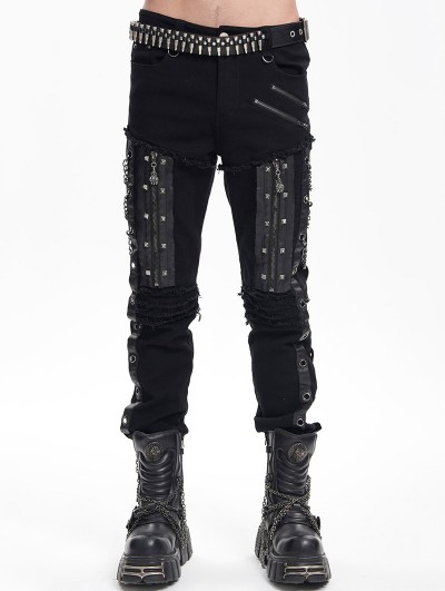 Devil Fashion Black Gothic Punk Zipper Chain Studded Fitted Pants for Men