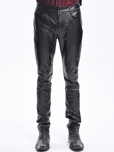 Devil Fashion Black Gothic Embossed Faux Leather Slim Fit Pants for Men