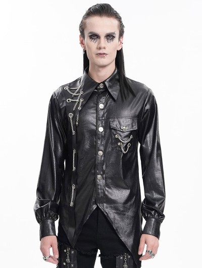 Devil Fashion Black Gothic Punk Asymmetric Eyelet Chain Decor Shirt for Men