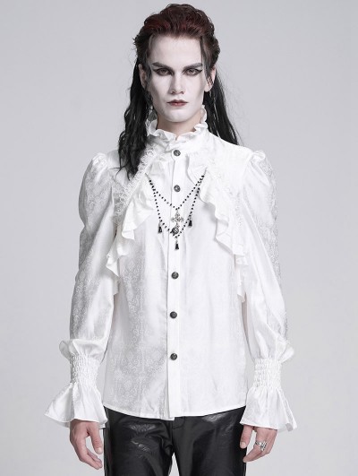 Devil Fashion White Gothic Vintage Ruffled Lace Cross Party Shirt for Men