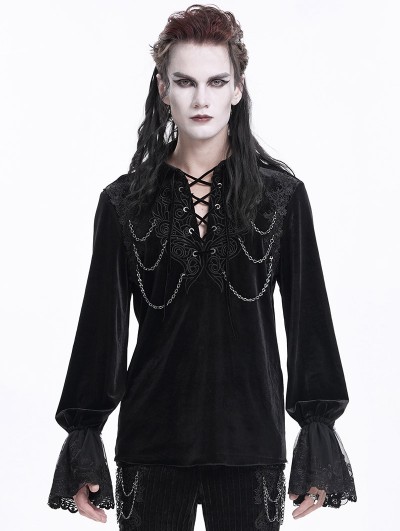 Devil Fashion Black Gothic Retro Embroidered Lace-Up Chain Loose Shirt for Men