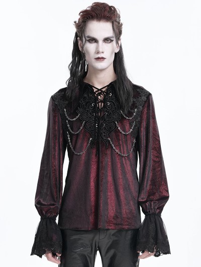 Devil Fashion Wine Red Gothic Retro Embroidered Lace-Up Chain Loose Shirt for Men