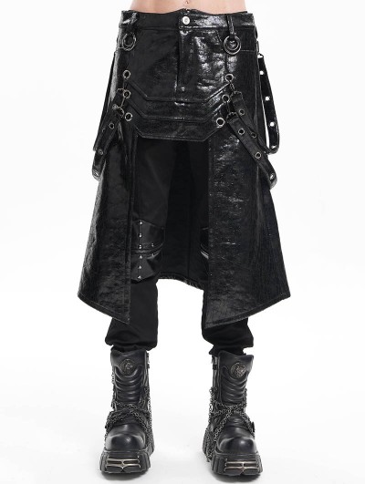 Devil Fashion Black Gothic Punk Rock Eyelet Strap Synthetic Leather Skirt for Men