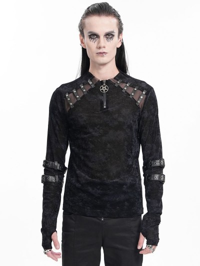 Devil Fashion Black Gothic Punk Mesh Splicing Long Sleeve Thumbhole T-Shirt for Men