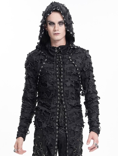 Devil Fashion Black Gothic Punk Ripped Lace-Up Long Sleeve Hooded T-Shirt for Men