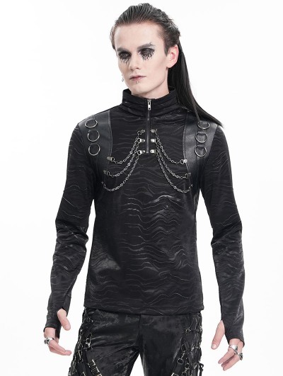 Devil Fashion Black Gothic Punk Chain O-Ring Stand Collar T-Shirt for Men