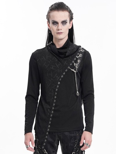 Devil Fashion Black Gothic Punk Chain Asymmetric Fitted Long Sleeve T-Shirt for Men