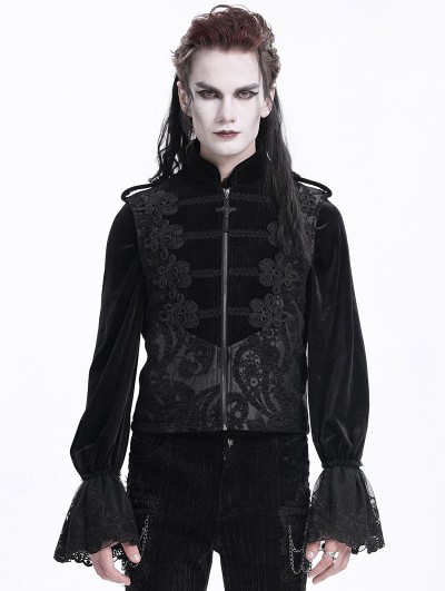 Devil Fashion Black Victorian Gothic Embroidery Stand Collar Zip-Up Waistcoat for Men