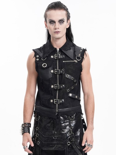 Devil Fashion Black Gothic Punk Asymmetric Zip-Up Ripped Sleeveless Shirt for Men