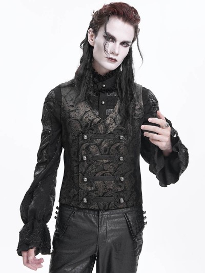 Devil Fashion Black and Golden Gothic Vintage Pattern Double Breasted Party Waistcoat for Men