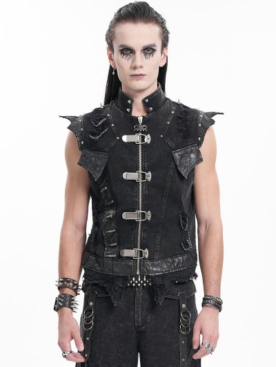 Devil Fashion Black Gothic Punk Spiked Armor Fitted Zip-Up Sleeveless Shirt for Men