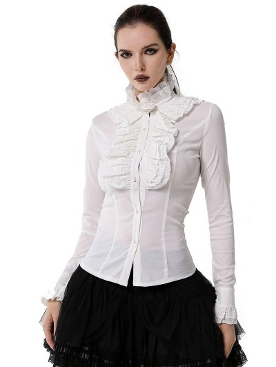 Pentagramme White Gothic Retro Lace Ruffled Jabot Shirt for Women