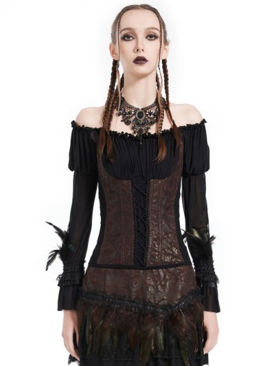 Pentagramme Black and Brown Steampunk Gothic Off-the-Shoulder Corset Top for Women