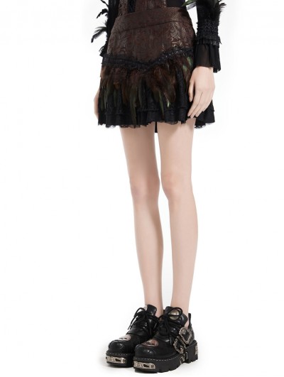 Pentagramme Brown Floral Print Steampunk Gothic Lace Feather Short Skirt