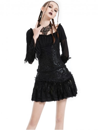 Pentagramme Black Floral Print Gothic Lace Feather Short Skirt