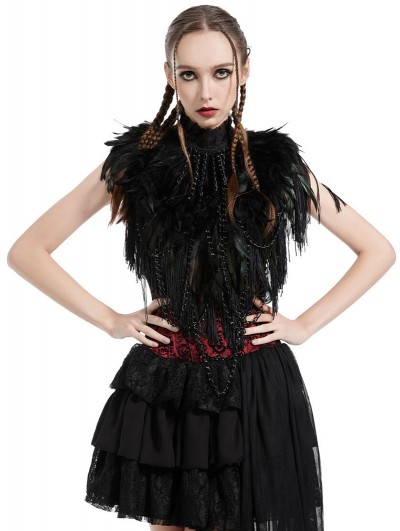 Pentagramme Black Gothic Feather High Collar Fringed Bolero Cape for Women