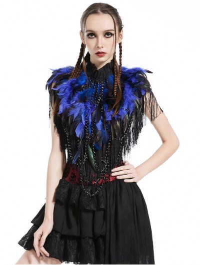 Pentagramme Blue Gothic Feather High Collar Fringed Bolero Cape for Women