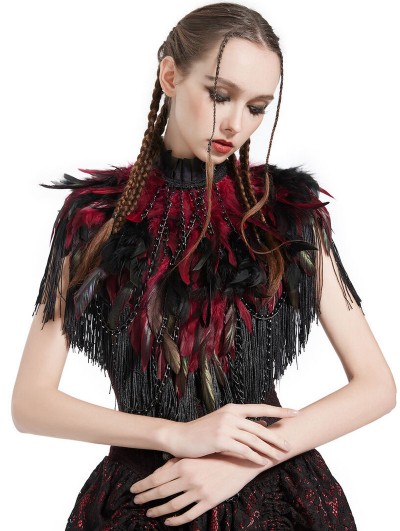 Pentagramme Red Gothic Feather High Collar Fringed Bolero Cape for Women