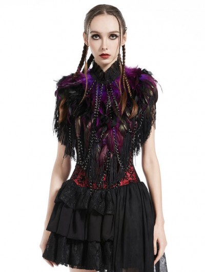 Pentagramme Purple Gothic Feather High Collar Fringed Bolero Cape for Women