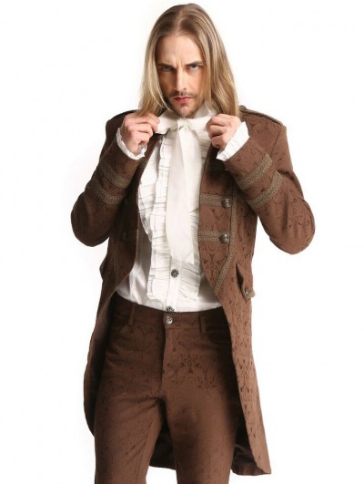 Pentagramme Brown Brocade Pattern Gothic Steampunk Mid-Length Tailcoat for Men