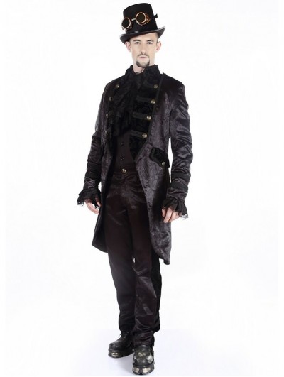 Pentagramme Black Brocade Pattern Gothic Mid-Length Tailcoat for Men