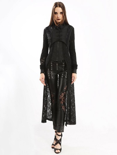 Pentagramme Black Gothic Floral Pattern Irregular Lace Long Jacket for Women