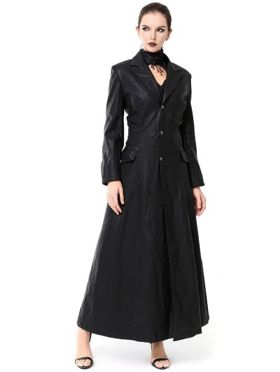 Pentagramme Black Gothic Faux Leather Long Trench Coat for Women