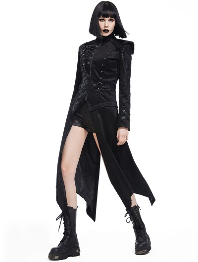 Pentagramme Black Gothic Asymmetric Long Velvet Swallowtail Coat for Women