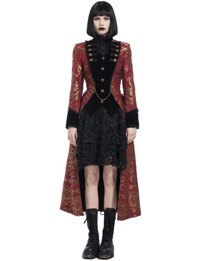 Pentagramme Red Vintage Gothic Brocade Velvet Long Coat for Women