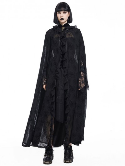 Pentagramme Black Gothic Flocking Ruffle Long Hooded Cape for Women