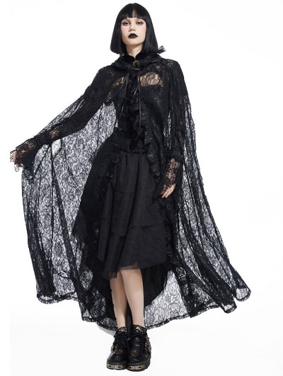 Pentagramme Black Gothic Lace Ruffle Long Hooded Cape for Women