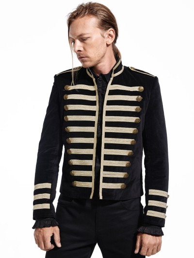 Pentagramme Black Velvet Gothic Double-Breasted Military Style Jacket for Men